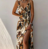 V-Neck Printed Slit Dress