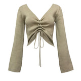 V-Neck Drawstring Knit Sweater