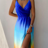 V-Neck Printed Slit Dress